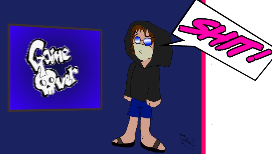 Poorly colored lineart of Reverend Crush yelling "SHIT!" at a glowing monitor with a stylized "GAME OVER" on the screen.